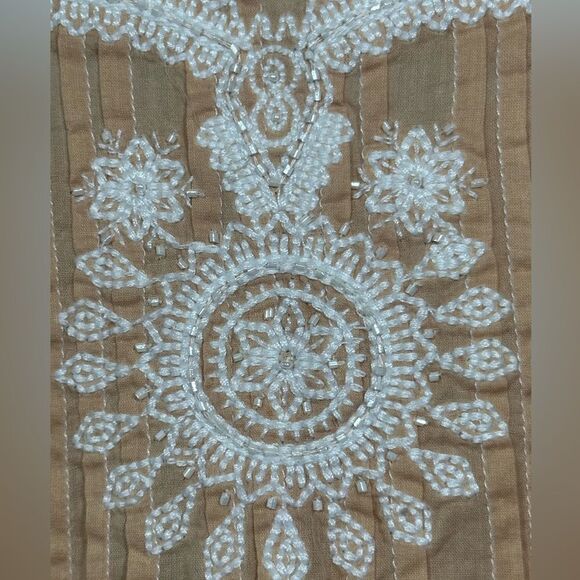 GOPI VAID Women’s Beaded & Embroidered Pleated Short Sleeve Top Tan Size Small - Picture 11 of 12